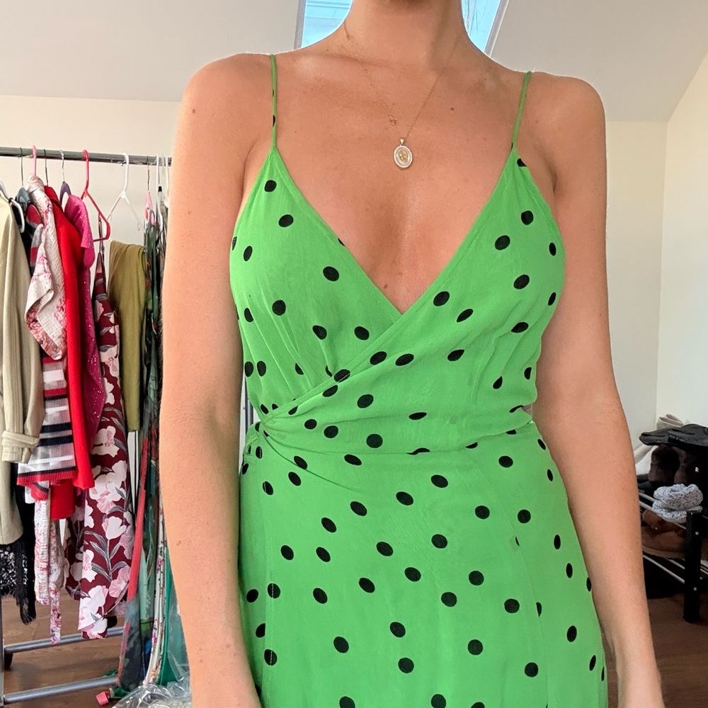 Ganni Green Polka Dot Strapless Dress